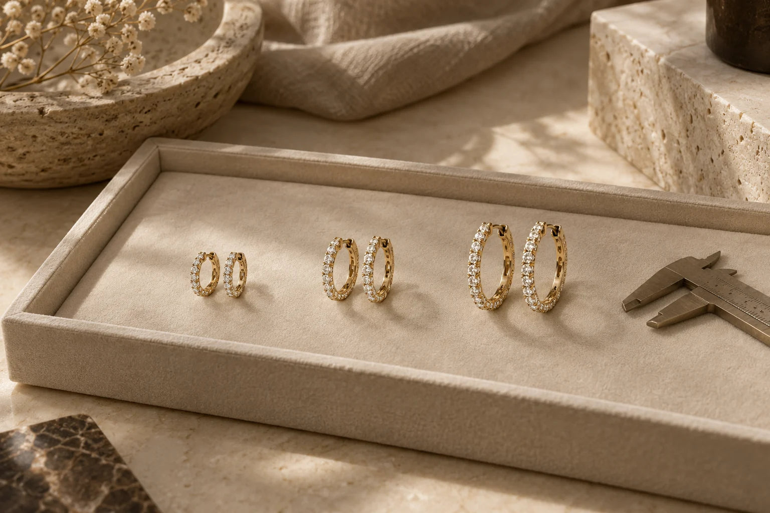 Editorial illustration of different diamond hoop sizes on a jewellery tray
