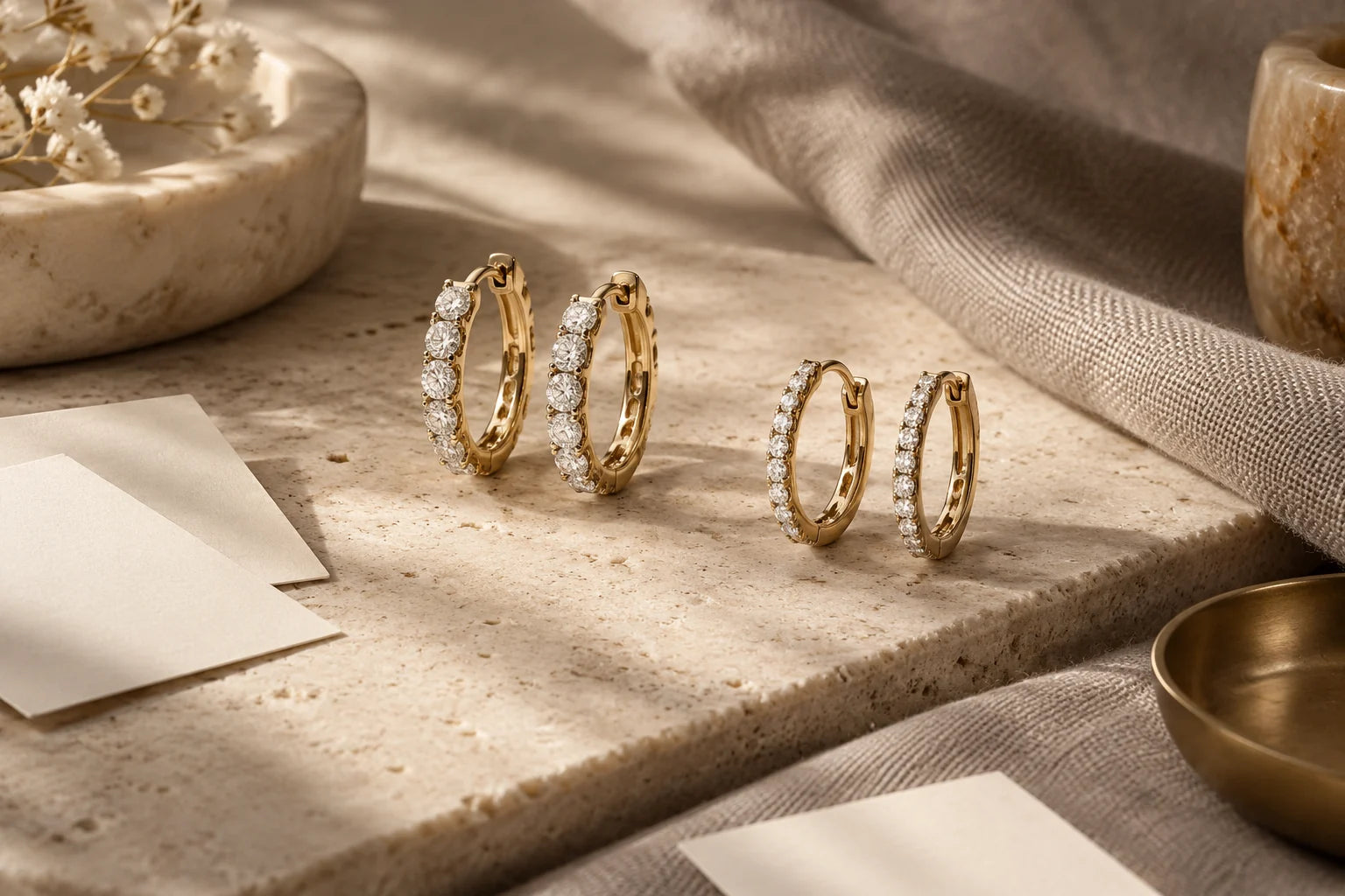 Editorial illustration of diamond hoops and blank comparison cards on limestone