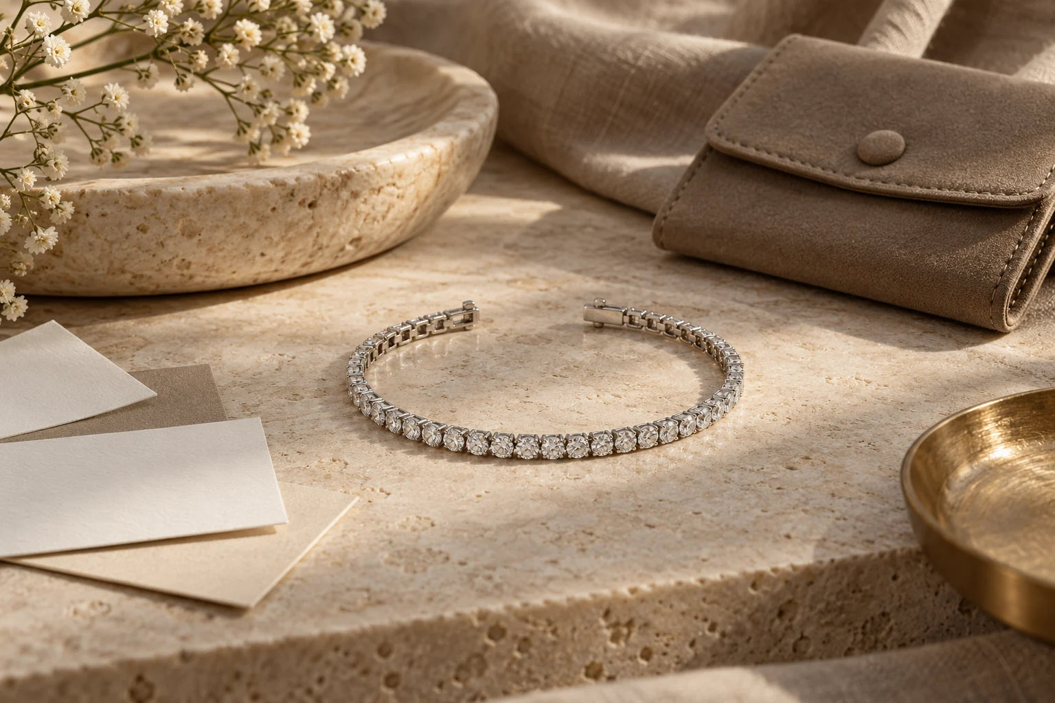 Editorial illustration of a white-gold diamond tennis bracelet beside blank comparison cards