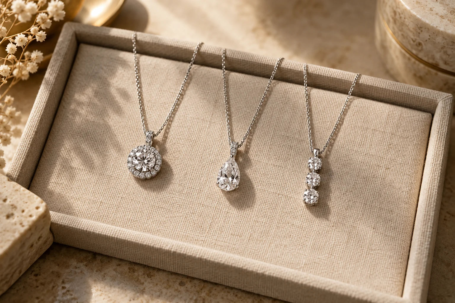 Editorial illustration of halo, solitaire and three-stone diamond pendants