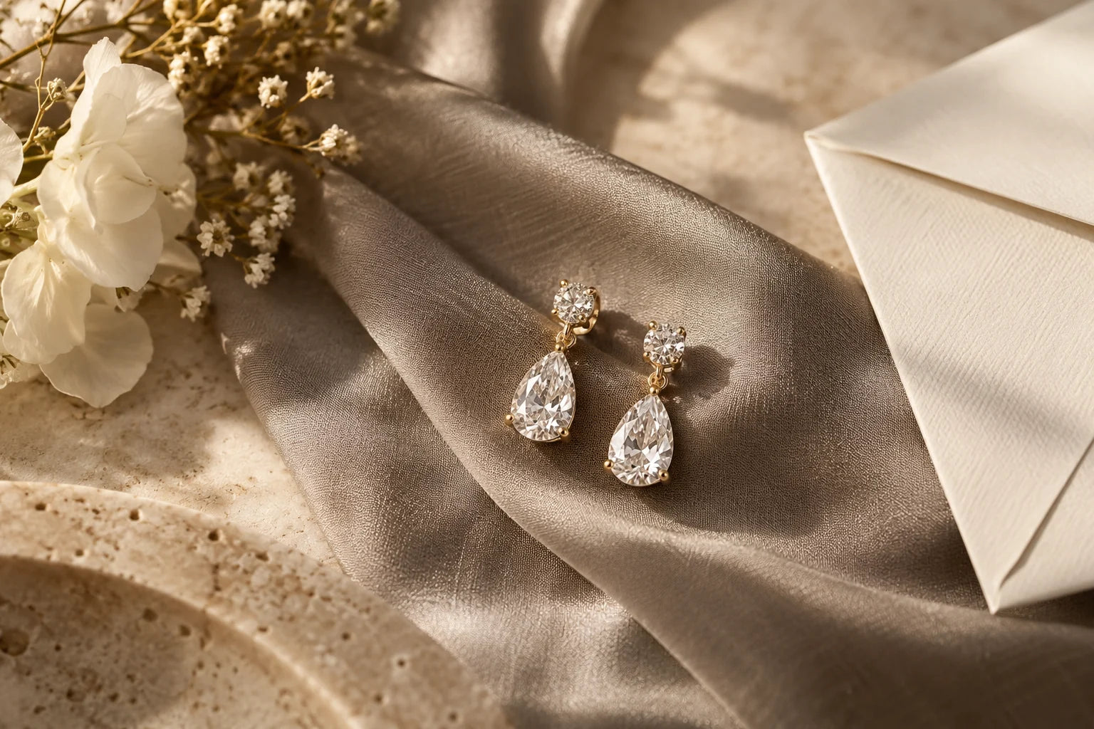 Illustration éditoriale du guide : Boucles pendantes en diamants pour un mariage : longueur, silhouette et budget