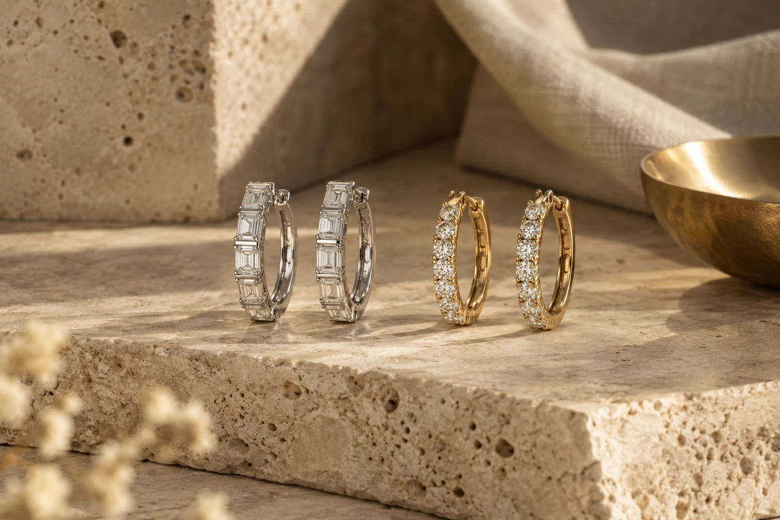 Editorial illustration of step-cut diamond hoops beside round-diamond hoops