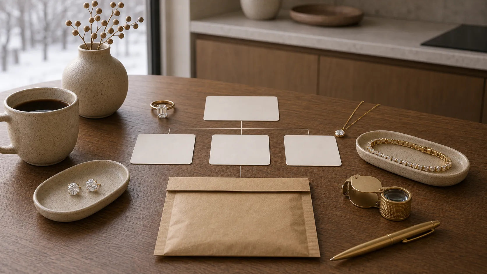 Canadian jewellery consultation table with lab-grown diamond rings, blank comparison cards, and warm winter light.