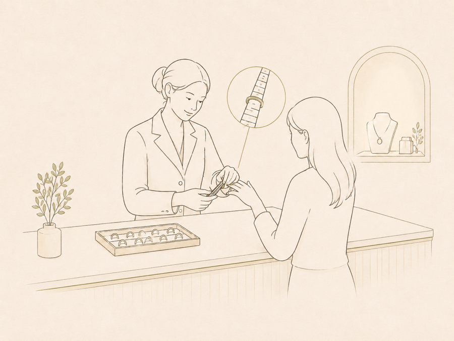 A jeweller professionally sizing a customer's ring at the counter