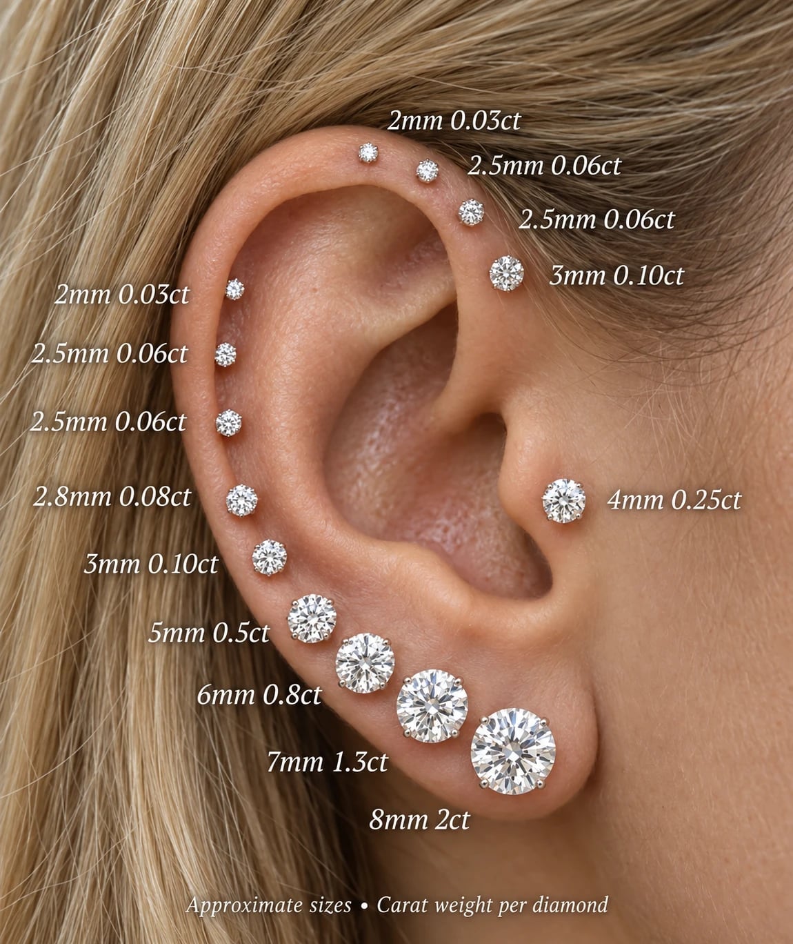 Round diamond studs from 2 mm to 8 mm placed at relative scale on one ear, each labelled with its diameter and carat weight